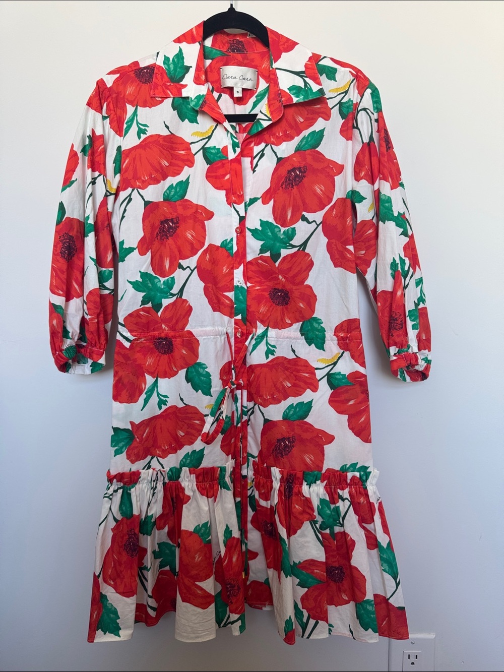 Cara Cara Red Floral Cotton Poplin Dress with Green Leaves